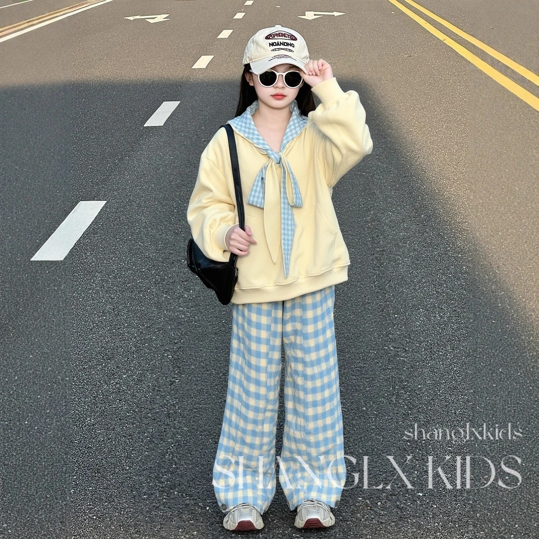 女童巨好看套装10岁女孩衣服2025新款秋季格子女宝两件套卫衣儿童