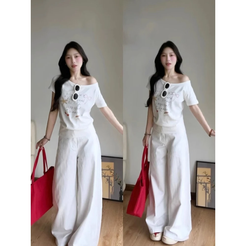 国潮牌手绘涂鸦字母斜肩短袖t恤女夏季高级感别致休闲百搭上衣潮