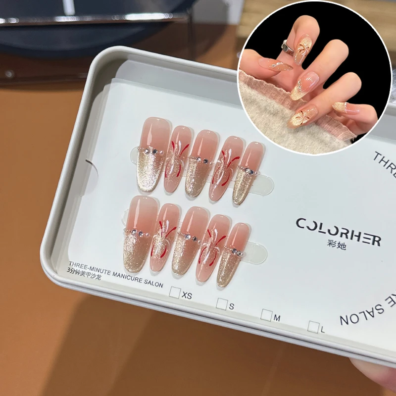 【灿烂烟花】纯手工ins穿戴甲显白烟花猫眼裸色镶钻美甲贴片长椭圆