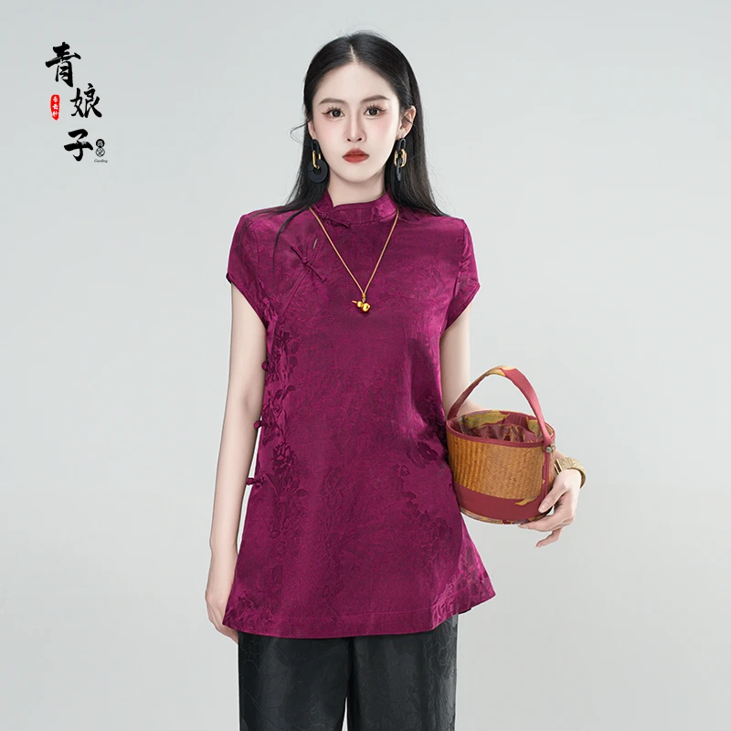 青娘子-香云纱(子箐)提花花萝新国风旗袍领中式套头短袖61147