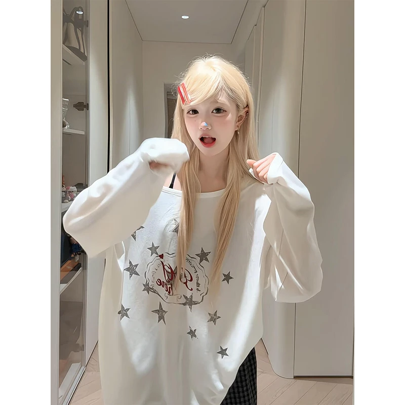 美式甜辣妹星星字母斜肩长袖T恤女2025夏季宽松休闲松弛感上衣潮