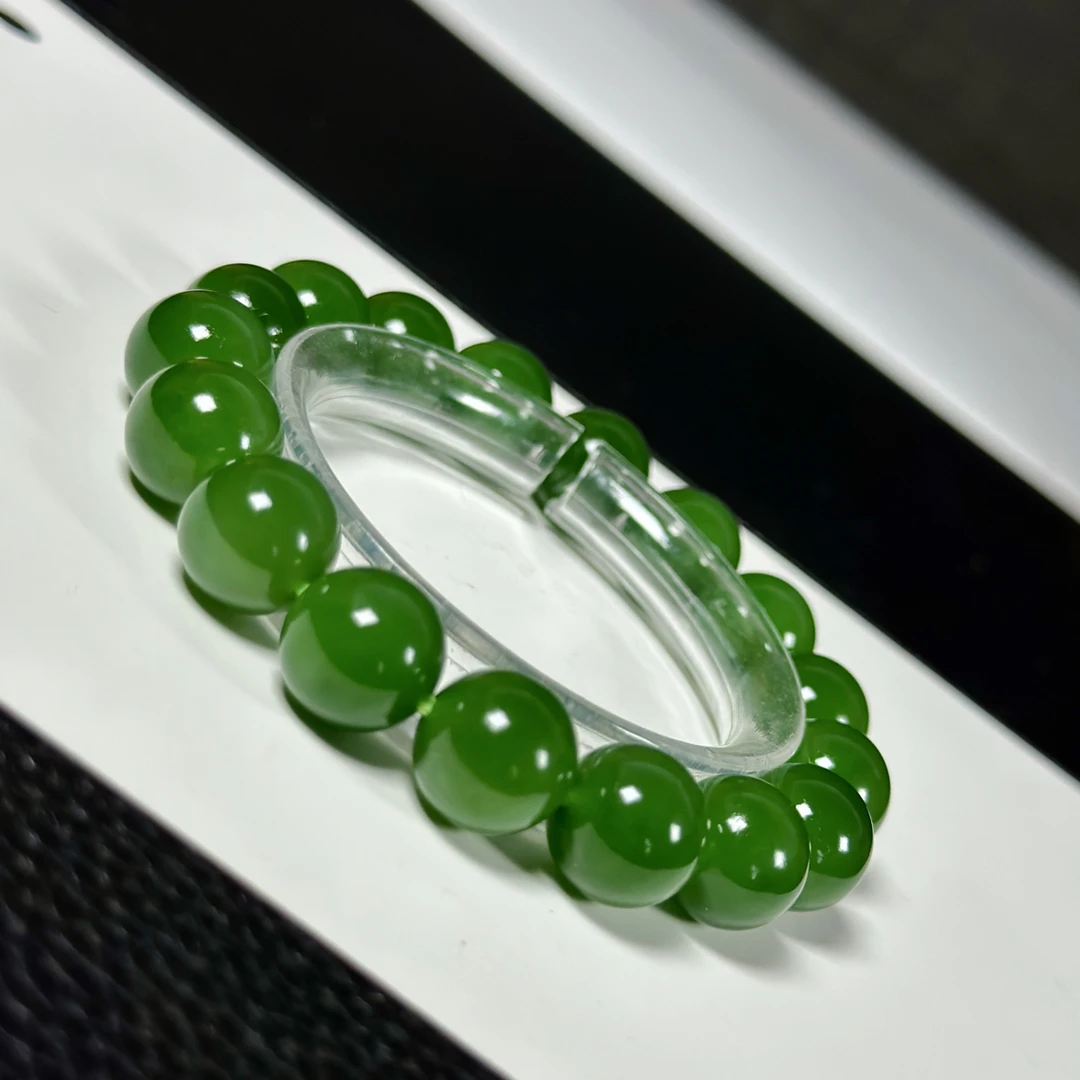 【俄料】和田玉碧玉白加绿老料阳绿果绿圆珠手串 珠径约11.5mm