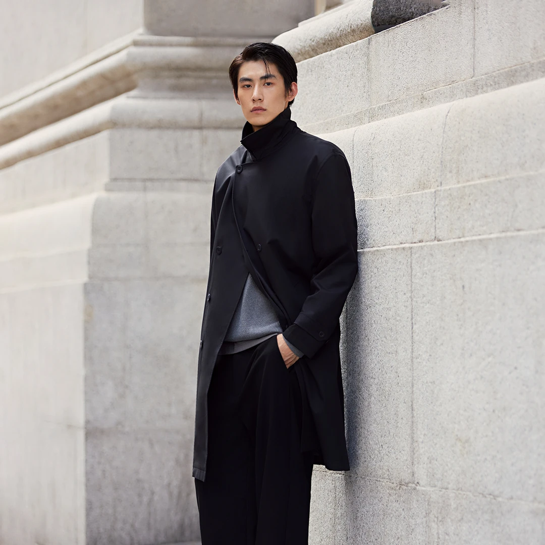 杰克琼斯男装秋季夹克宽松版型双排扣门襟可拆卸腰带长款外套上衣