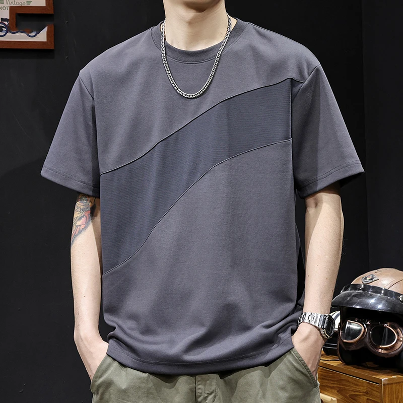 MR.MUDI/穆迪先生提花拼接撞色短袖t恤男士百搭大码夏季新款高端