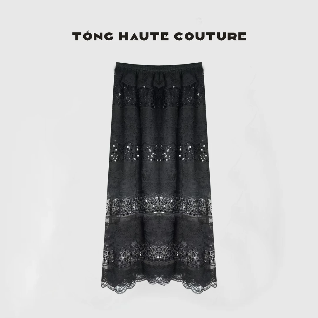 【化境】2025年夏季设计师款法式细闪蕾丝拼接叠层半身裙YQ098