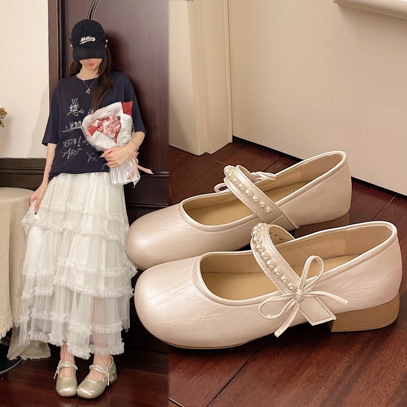 粗跟方跟低跟平底夏季休闲风单鞋女鞋软底豆豆鞋