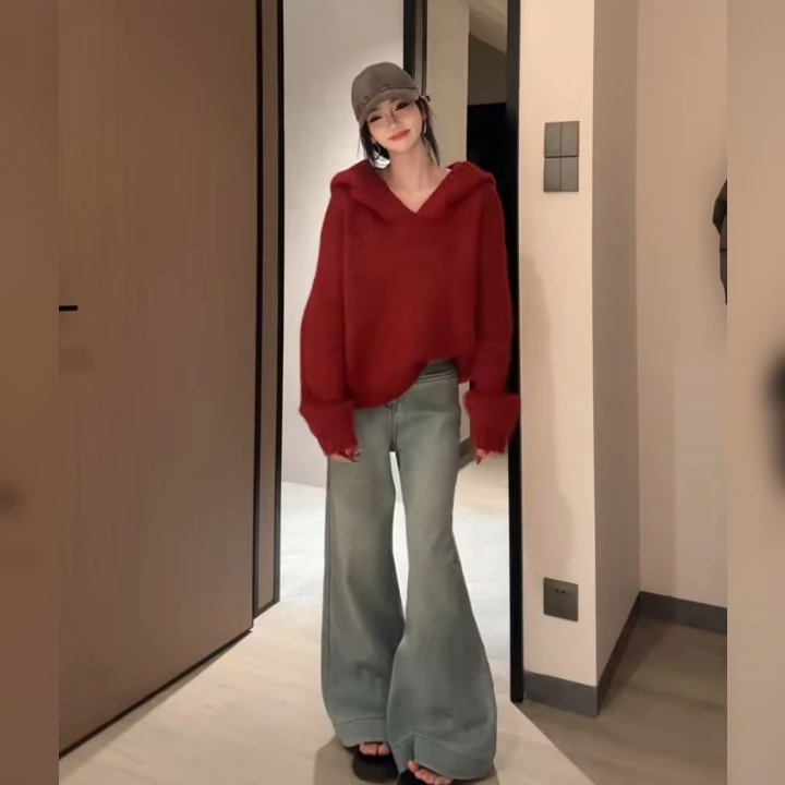 韩系高级感连帽毛衣秋冬2024新款时尚慵懒风宽松加厚针织百搭上衣