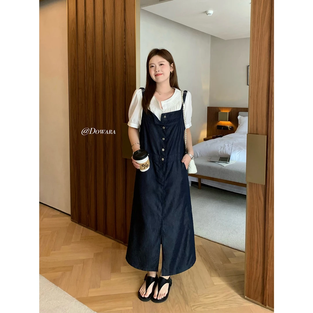 现货大婉酱微胖定制设计感连衣裙春夏莱赛尔软糯牛仔吊带裙 7939D