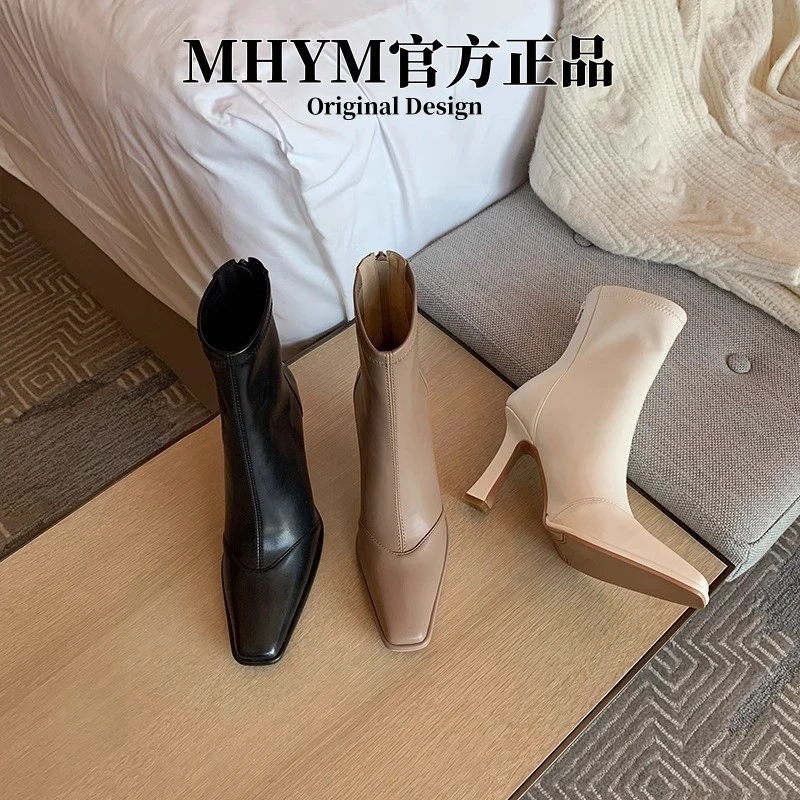 高跟短靴女2025秋冬新款韩版拼接后拉链网红瘦瘦靴方头细跟弹力靴