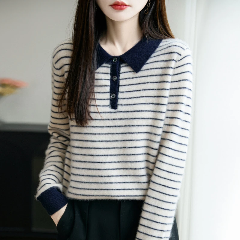 法式拼色翻领条纹针织打底衫上衣秋冬新款纯羊毛长袖外穿毛衣女