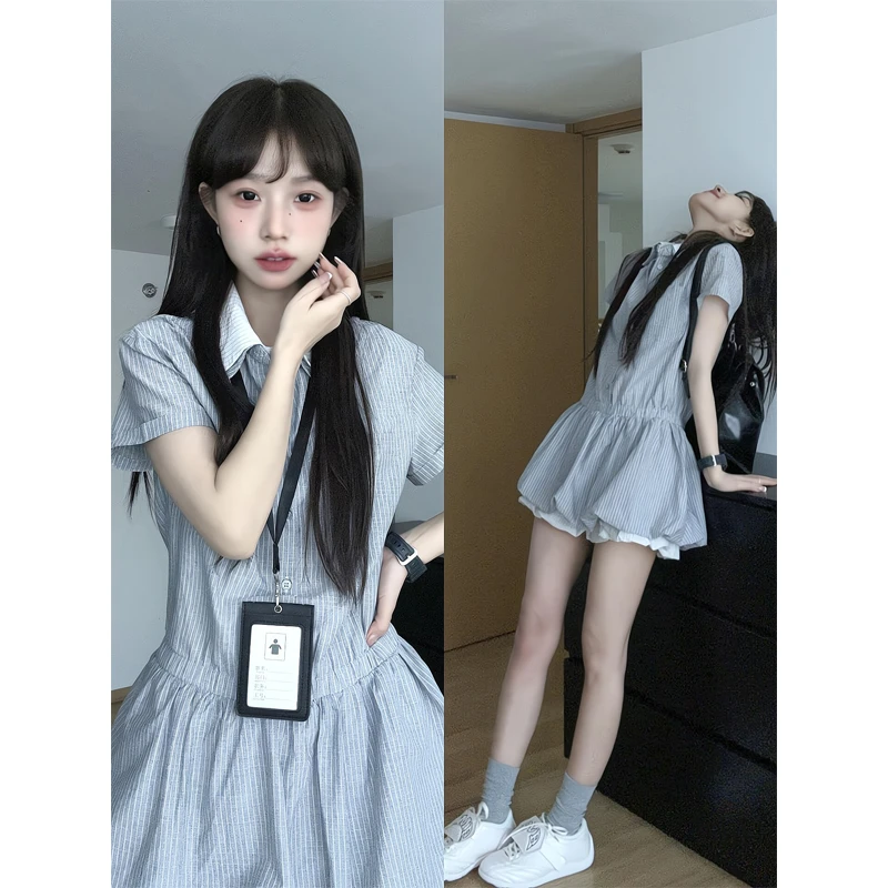 学院风polo领条纹短袖衬衫连衣裙女夏季2025新款学院风收腰短裙