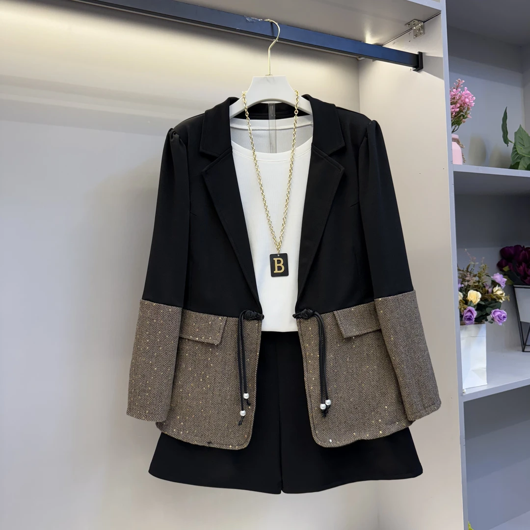 欧货2025高级感气质拼接新中式西服外套内搭短裤显瘦套装