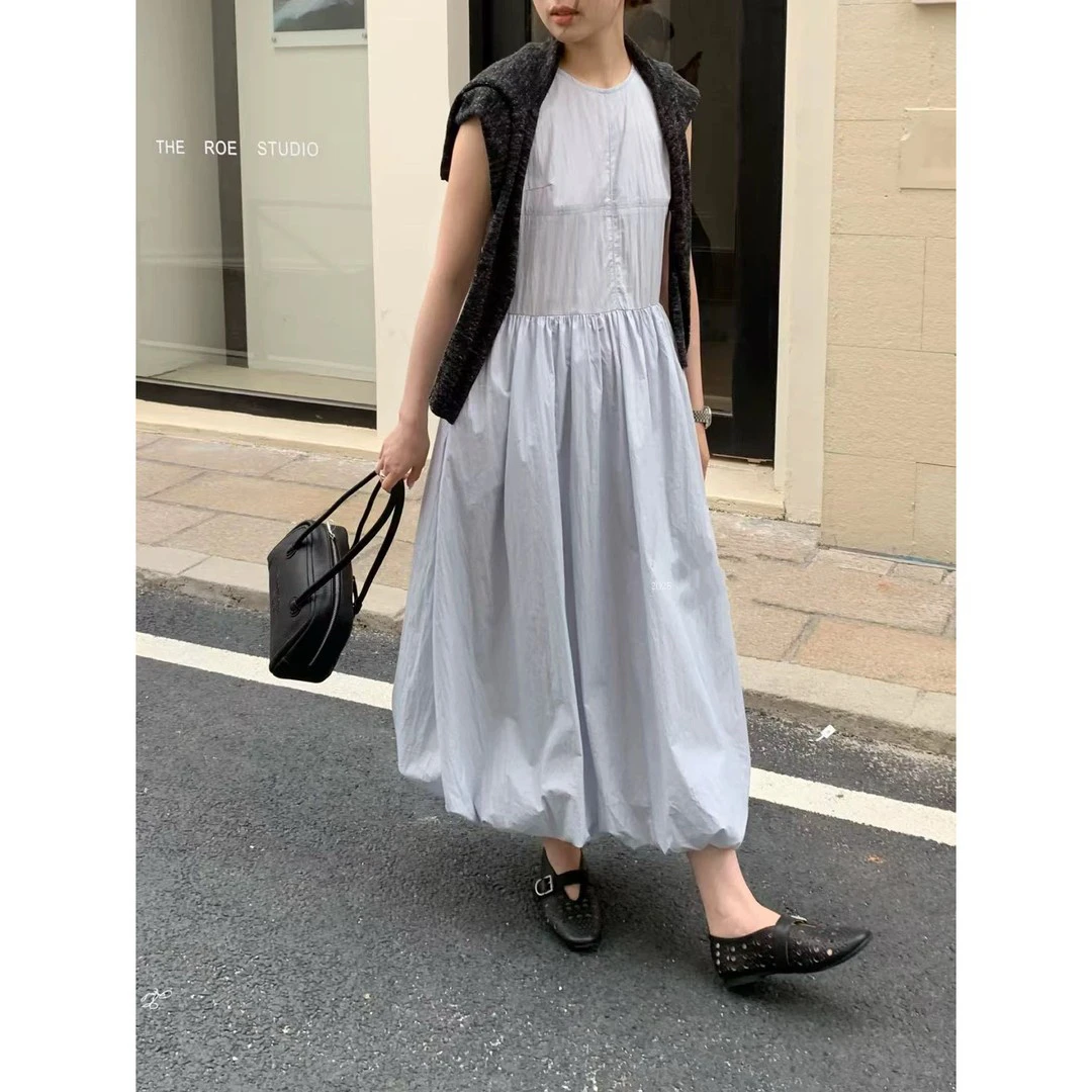 气质无袖背心连衣裙纯色显瘦花苞设计夏季百搭长裙