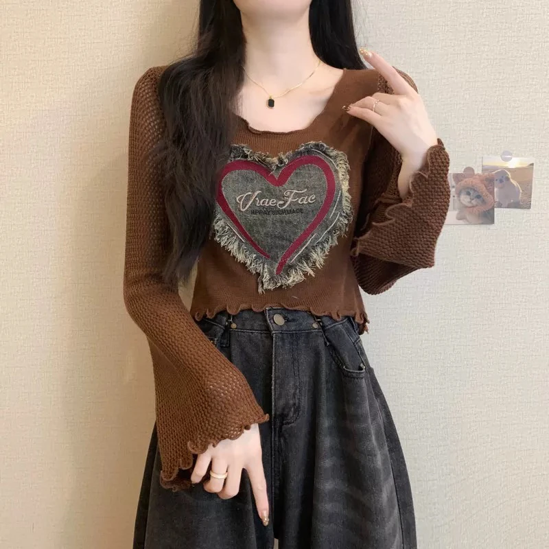 美拉德咖色喇叭袖镂空打底衫女早秋氛围感辣妹穿搭爵士舞长袖上衣