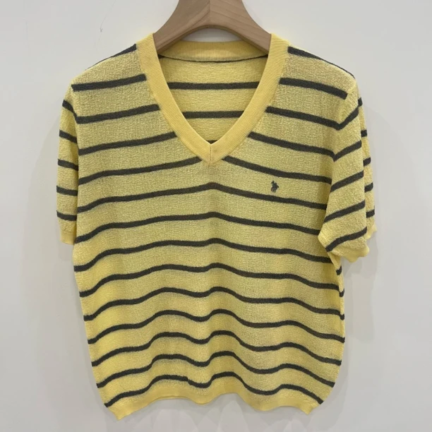 【桑蚕丝天丝 可机洗】韩系百搭条纹V领短袖针织衫T恤9731