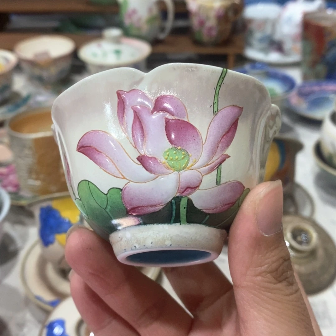 手工手绘荷花杯杯