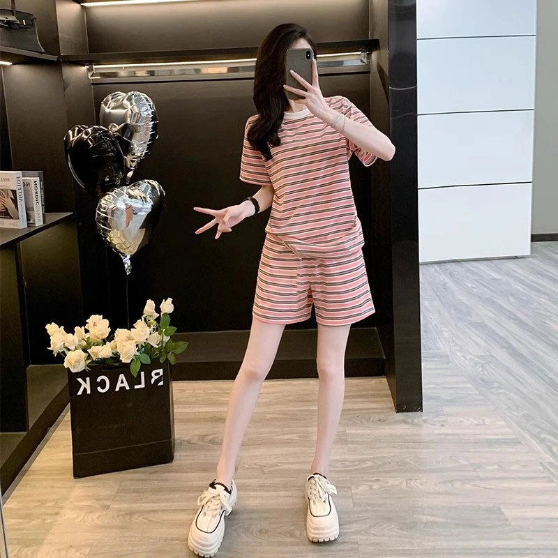 睡衣女夏季两件套宽松条纹胖mm加肥大码裤套装休闲运动家居服潮