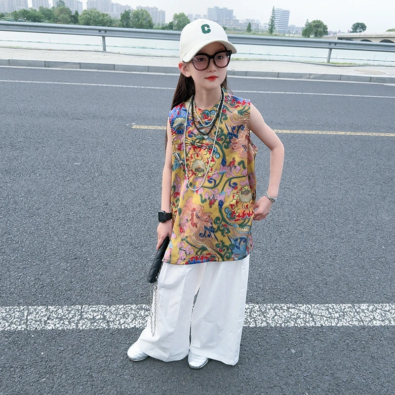 女童2025新款中国风夏季时尚旗袍上衣中大童女孩阔腿长裤直筒裤潮