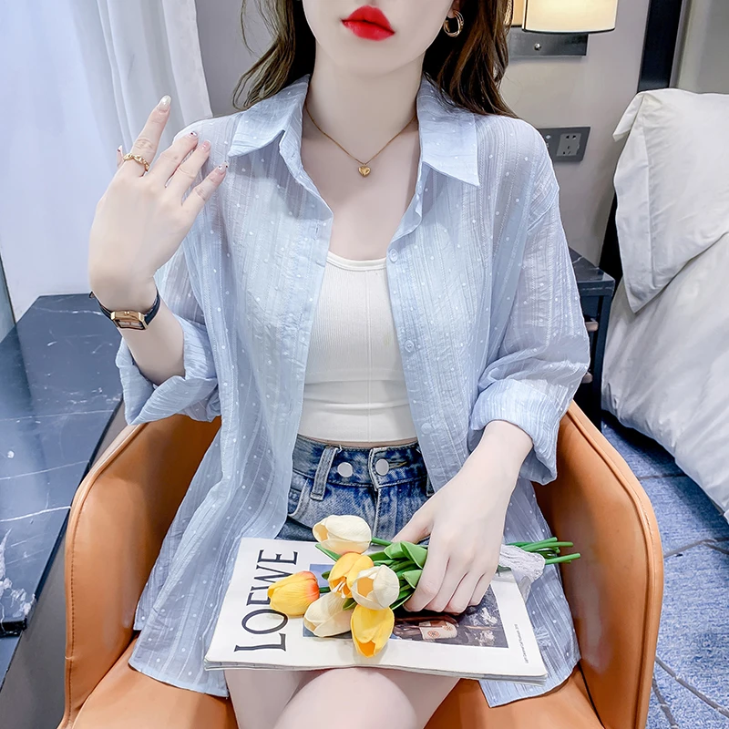 蓝色防晒长袖衬衫外套女夏季2025新款薄款冰丝空调衫衬衣透气上衣