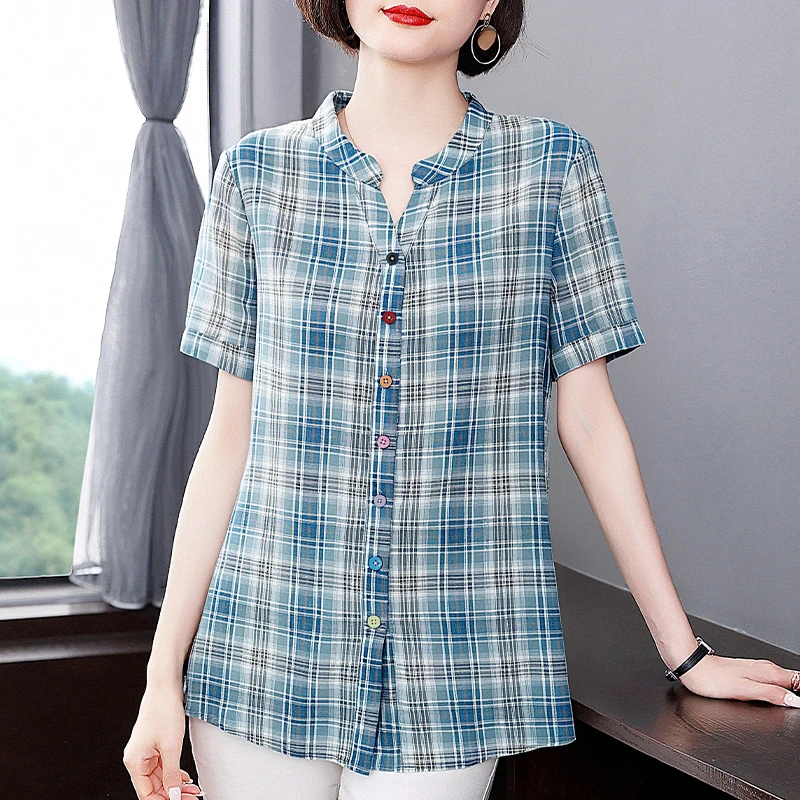 棉麻格子衬衫女夏季2025年新款短袖开衫衬衣大码宽松洋气女士上衣
