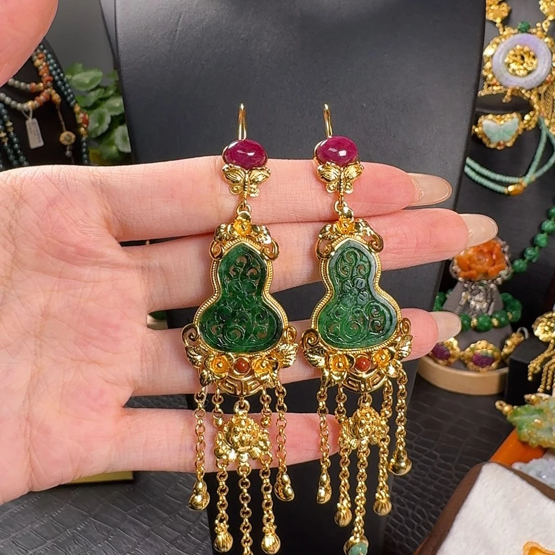 翡翠银S925镀金镶嵌项链耳坠