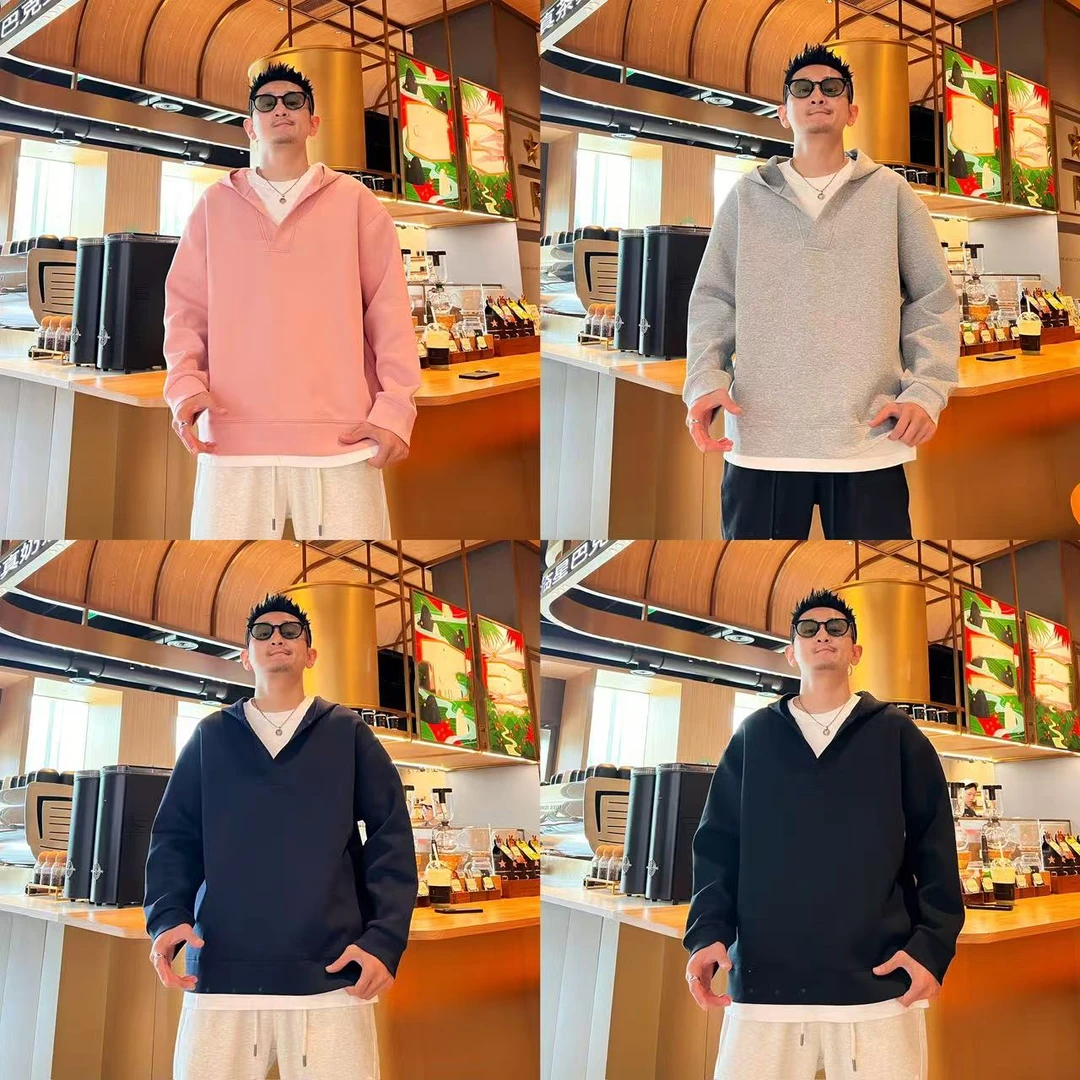 秋季简约休闲时尚拼接撞色假两件情侣同款V领连帽长袖百搭卫衣