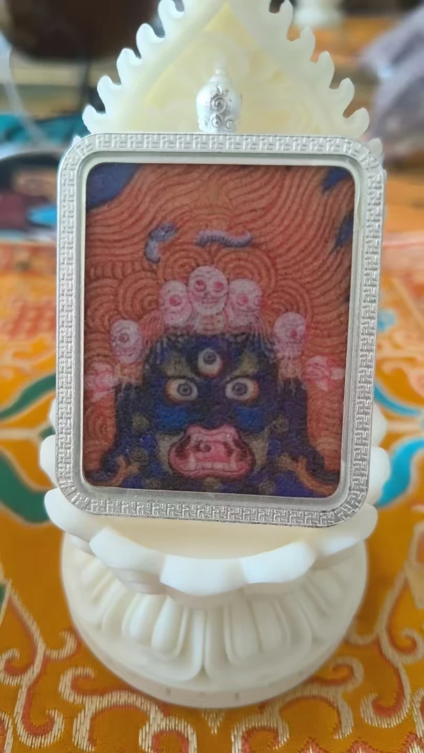 吊坠925银皮 大黑天法相手绘唐卡项链吊坠