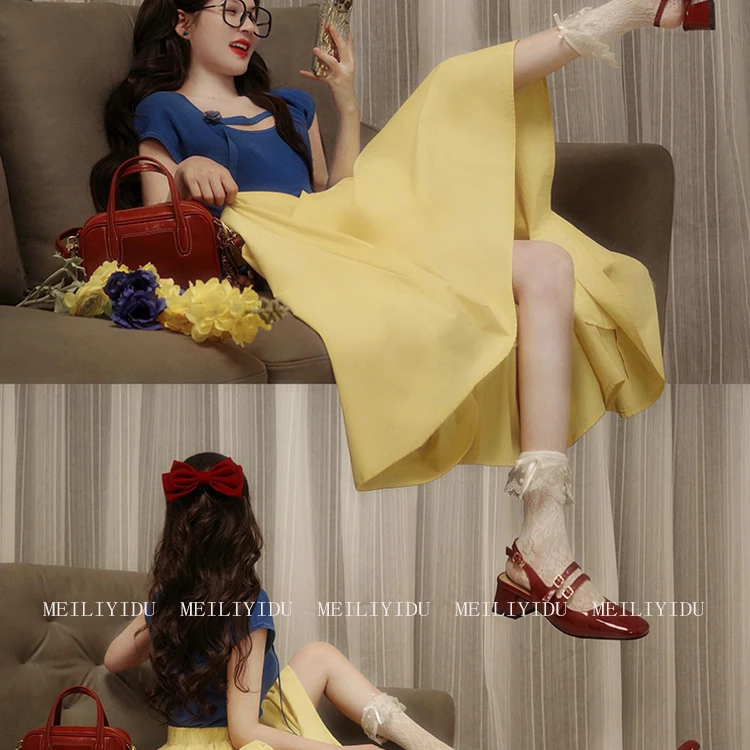 MLYD/定制 大码白雪公主穿搭蓝色花朵短袖上衣高腰显瘦半身裙套装