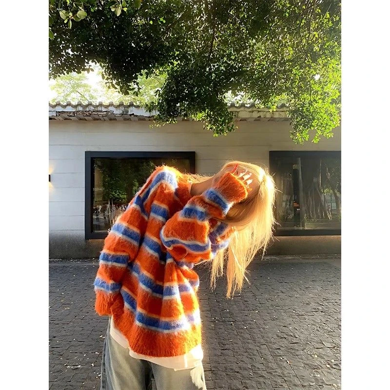 美式多巴胺撞色针织衫男女宽松休闲慵懒风套头毛衣秋冬2025年chic