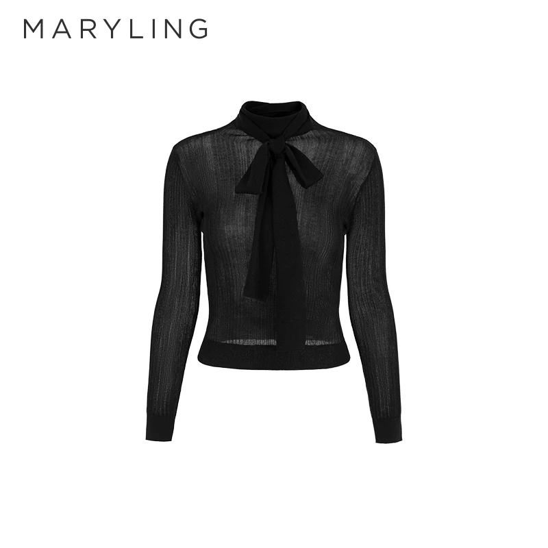 MARYLING玛俪琳2025初春新品性感黑色薄透高领针织衫A1FAW03020