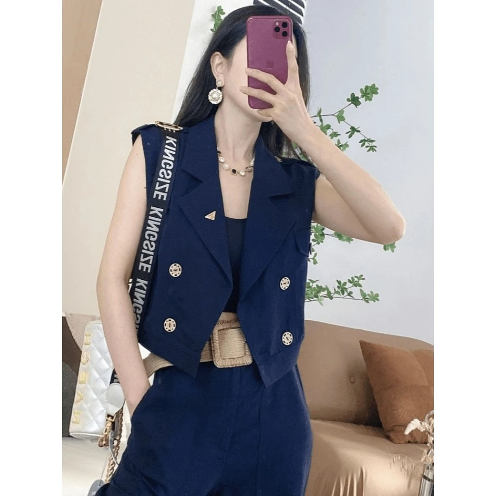 【偏远专属】A362 法式高级感套装女夏季双排扣马甲上衣整套阔腿裤