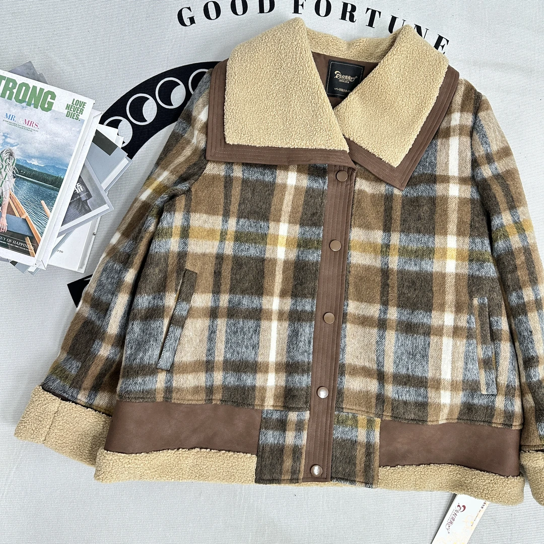 【女权贵族】冬季新款时尚格子翻领毛呢羽绒服-8257