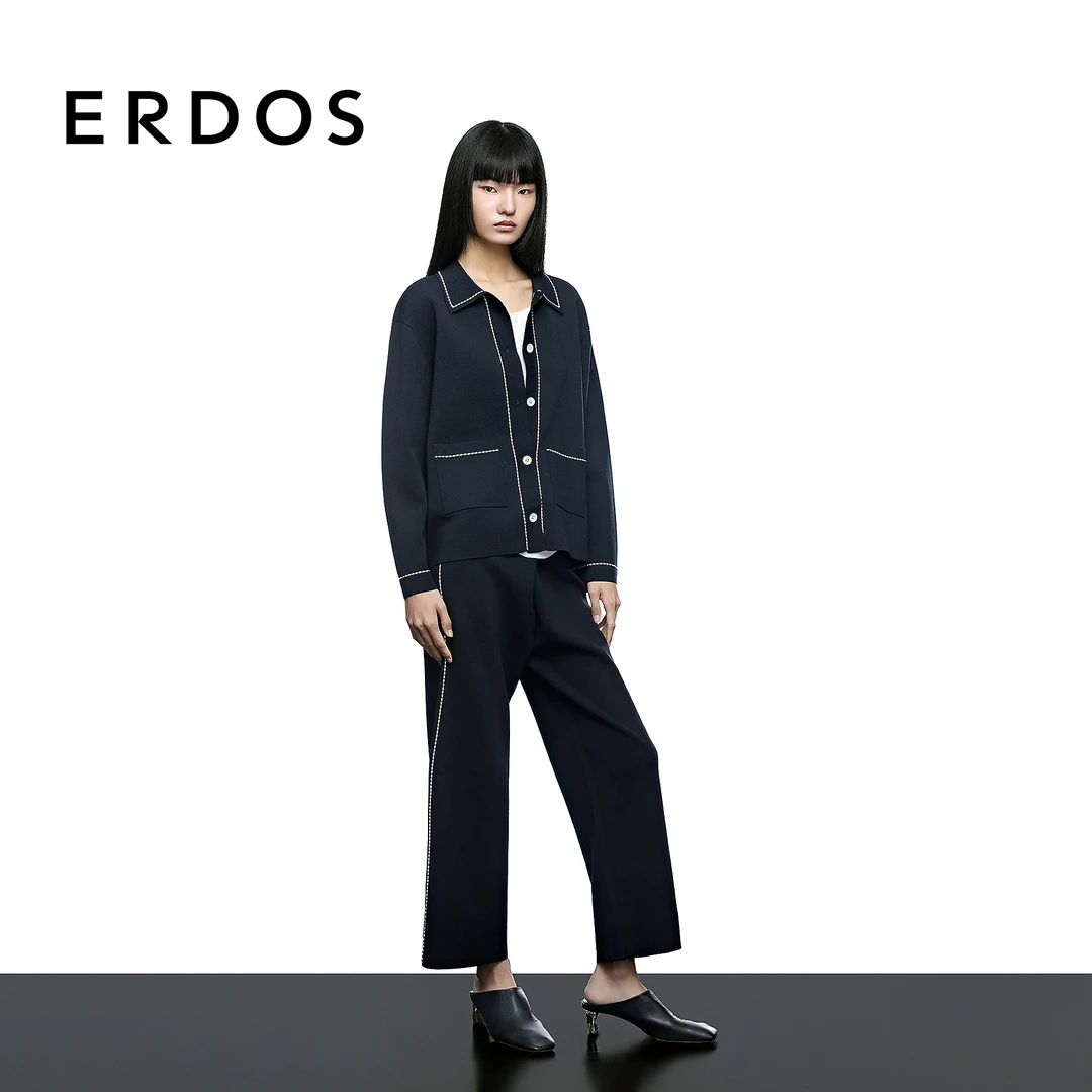 【白长丝】ERDOS 黑色松紧腰四平空转工艺休闲直筒裤