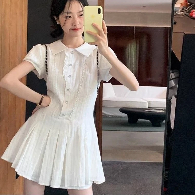 法式学院风白色衬衫女连衣裙子气质收腰小个子甜美短裙字裙辣妹