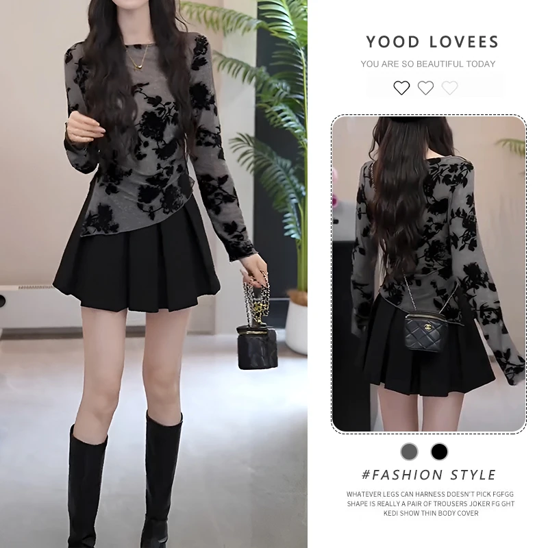 巨好看的春秋一整套2025新款修身显瘦不规则长袖t恤百褶裙两件套