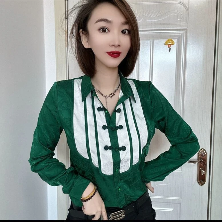 缎面显瘦中式盘扣衬衫女春秋新款长袖高级衬衣洋气小衫打底衫7052