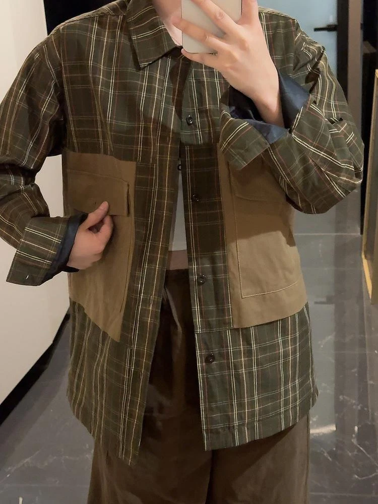 1482-日系工装多口袋叠穿格子衬衫外套条格