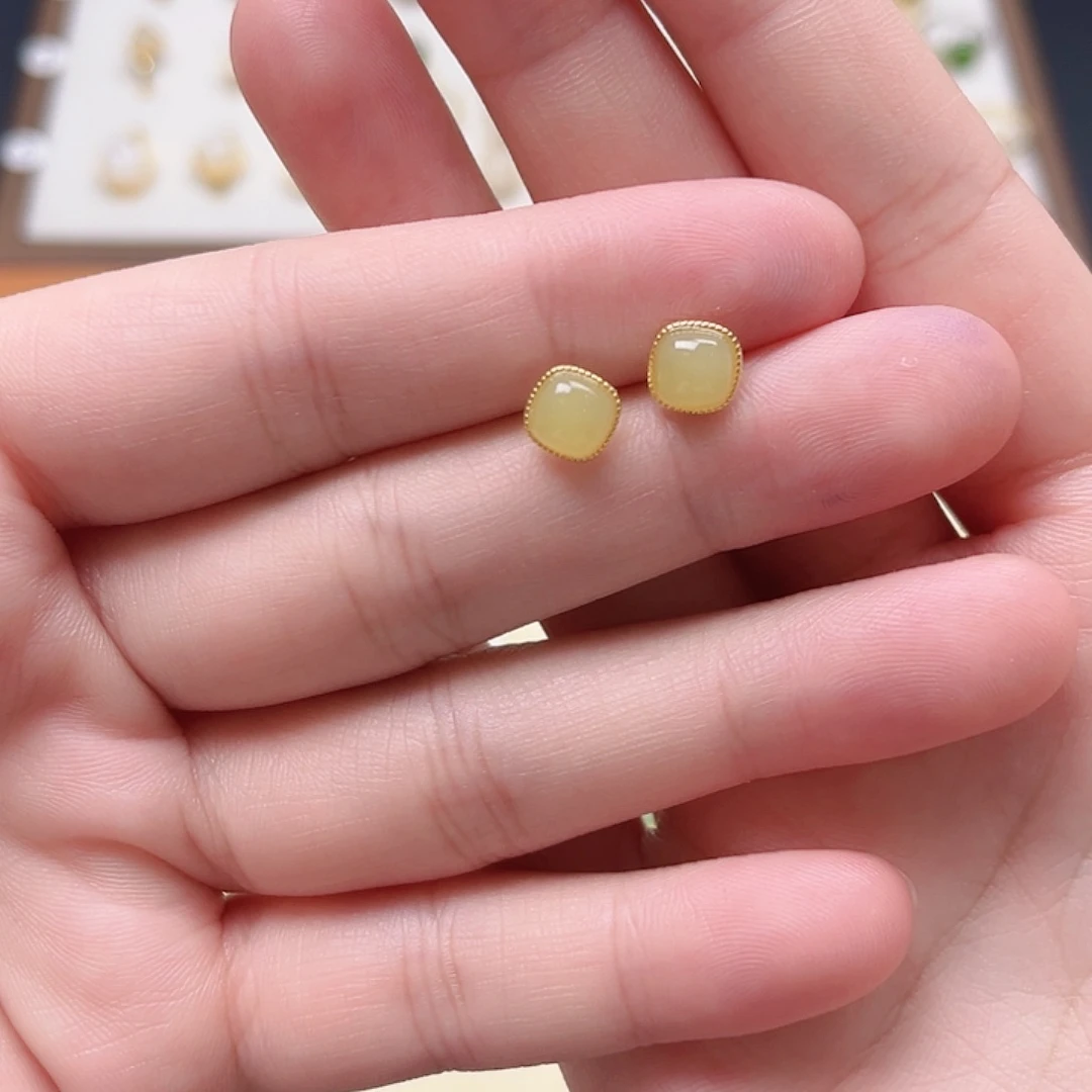 和田玉银S925镶嵌耳饰