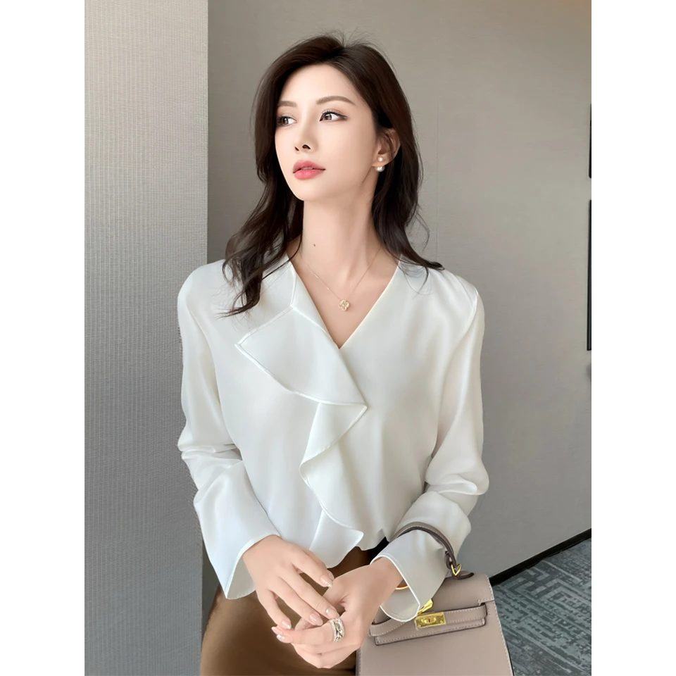 法式荷叶边长袖雪纺衬衫女春款2025年春装新款职业装女士气质上衣