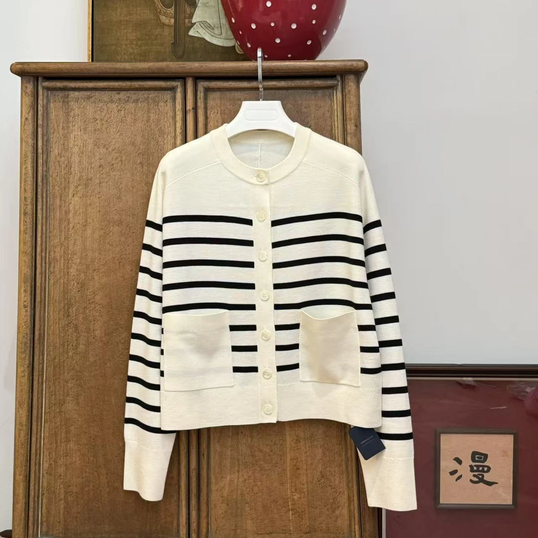 MYL2025春季新品绵羊毛条纹针织开衫圆领长袖宽松针织衫上衣