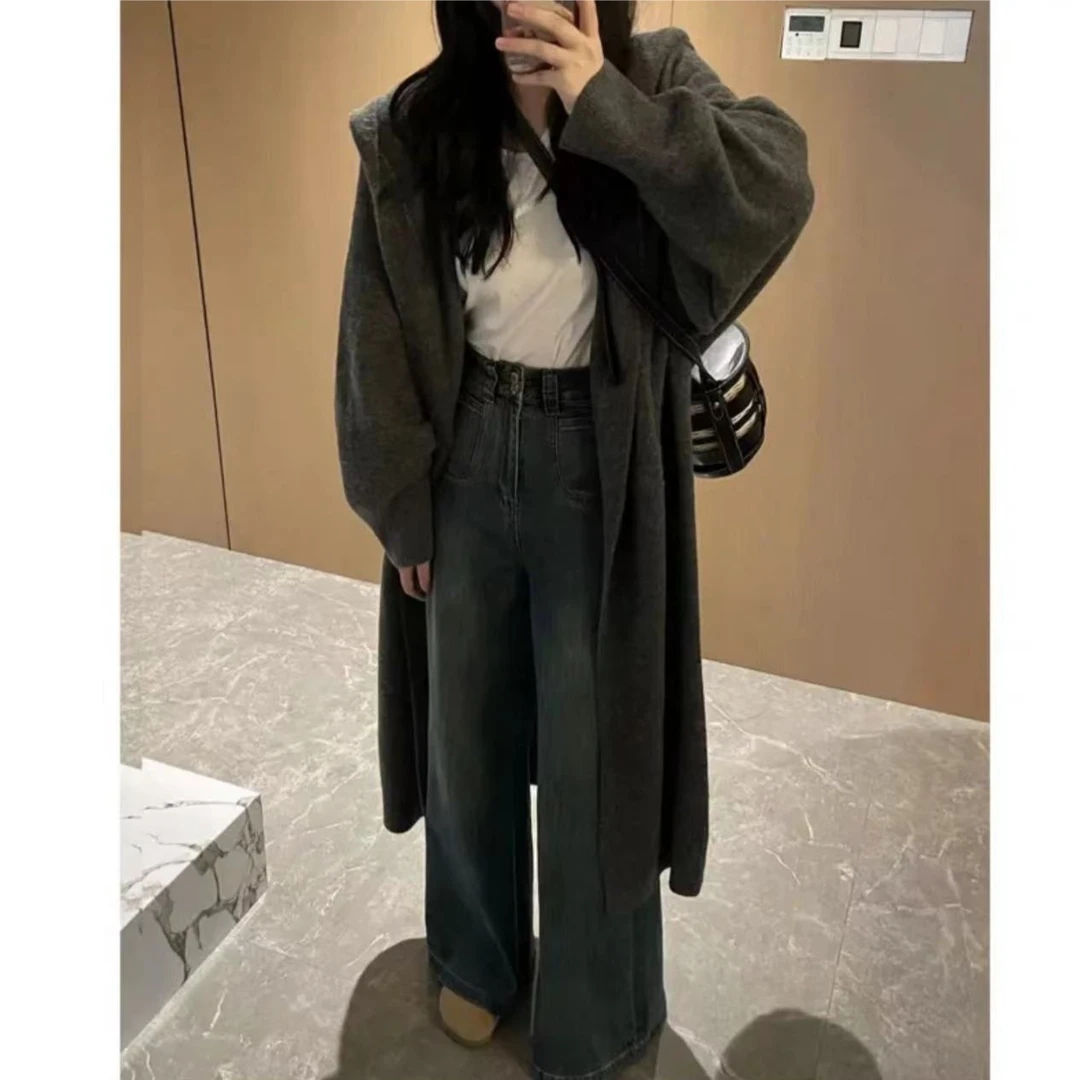 网红巫师帽连帽秋冬针织宽松大衣女毛衣外套长毛衣开衫百搭慵懒风
