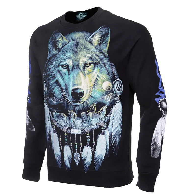 印第安羽毛狼圆领卫衣 夜光长袖 时尚休闲印花男士上衣纯棉