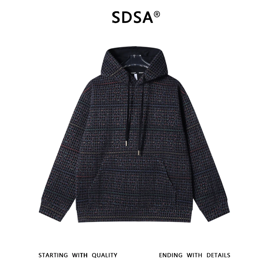 SDSA男士秋冬新款痞帅男装简约时尚绒毛彩色格纹抽绳连帽卫衣潮流