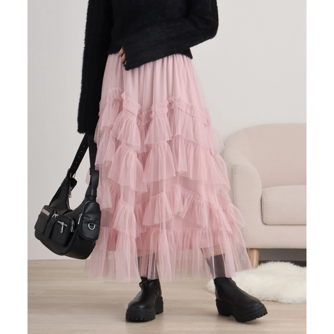 【六哥家】春季新款 F 时尚百搭重工薄纱荷叶边分层叠优雅半身裙