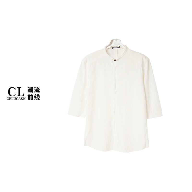 F7II3385#夏季男款新款纯色时尚潮流立领中袖百搭休闲衬衫