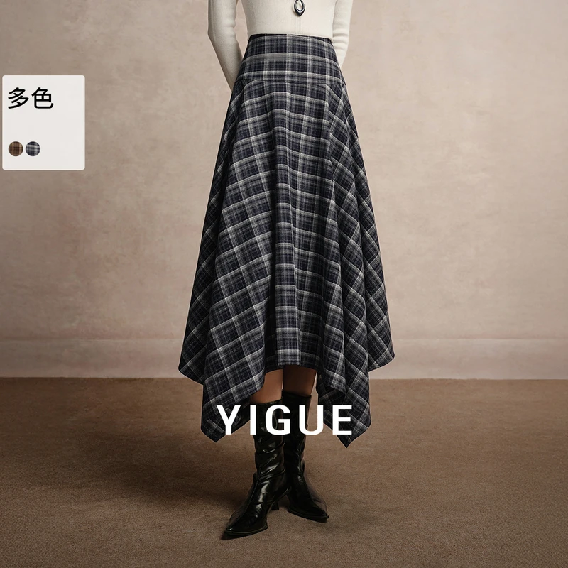 [达人专属]亦谷格纹不规则半身裙复古时尚百搭伞裙G5WAR488