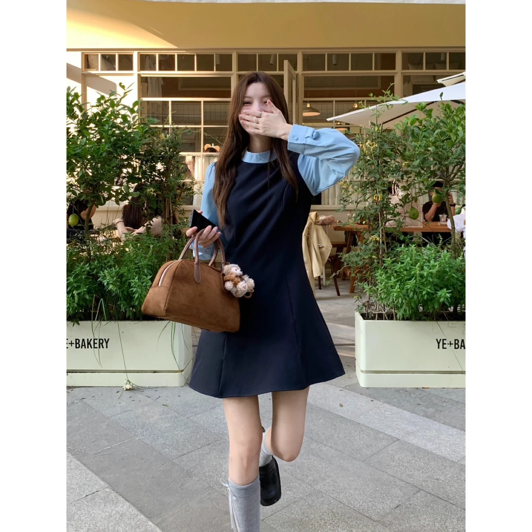 韩系学姐 复古学院假两件拼接高级设计感长袖连衣裙