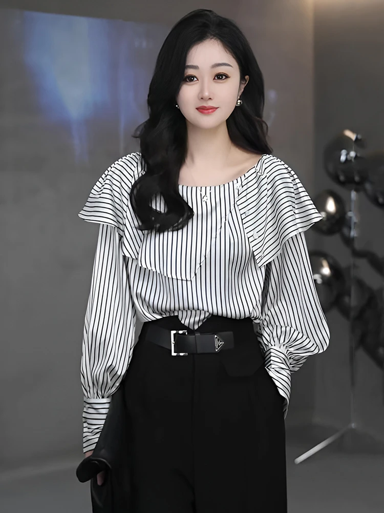 法式撞色条纹长袖衬衫女小众慵懒风韩版2025春季百搭漂亮洋气上衣