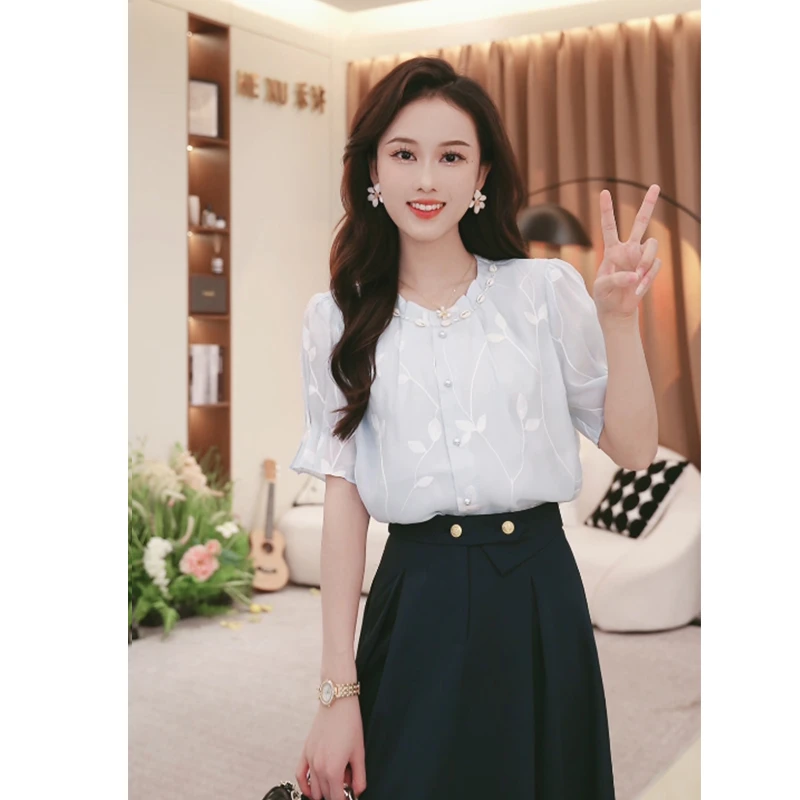 法式洋气高级感圆领短袖百搭衬衫女2025夏新款设计感别致TU27778