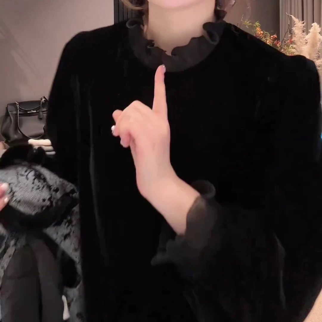 2024秋冬新款木耳边丝绒打底衫上衣气质慵懒风国风衬衫LK2501021